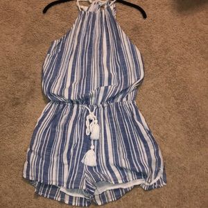 blue and white striped romper